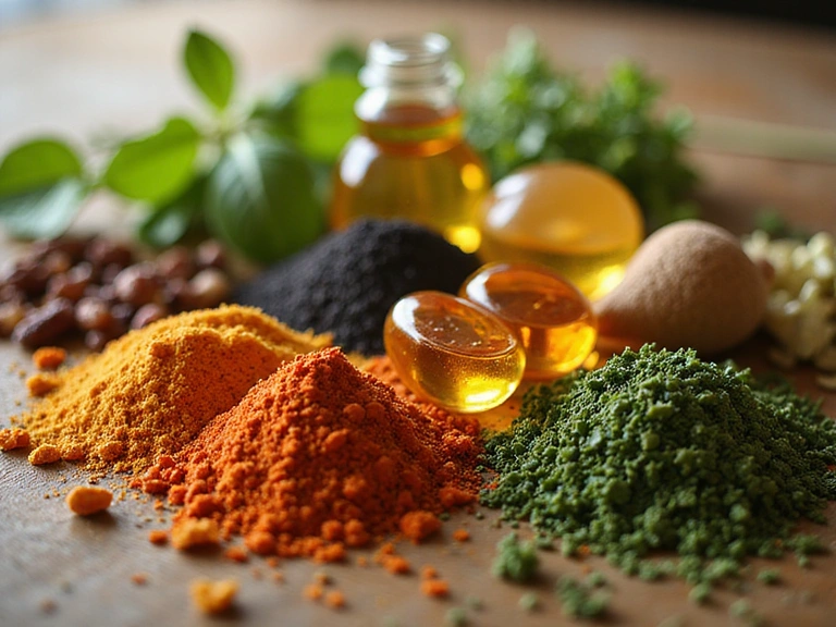 A close-up shot of various natural herbs and botanical extracts, showcasing their vibrant colors and textures, with a soft, warm light illuminating them from behind.