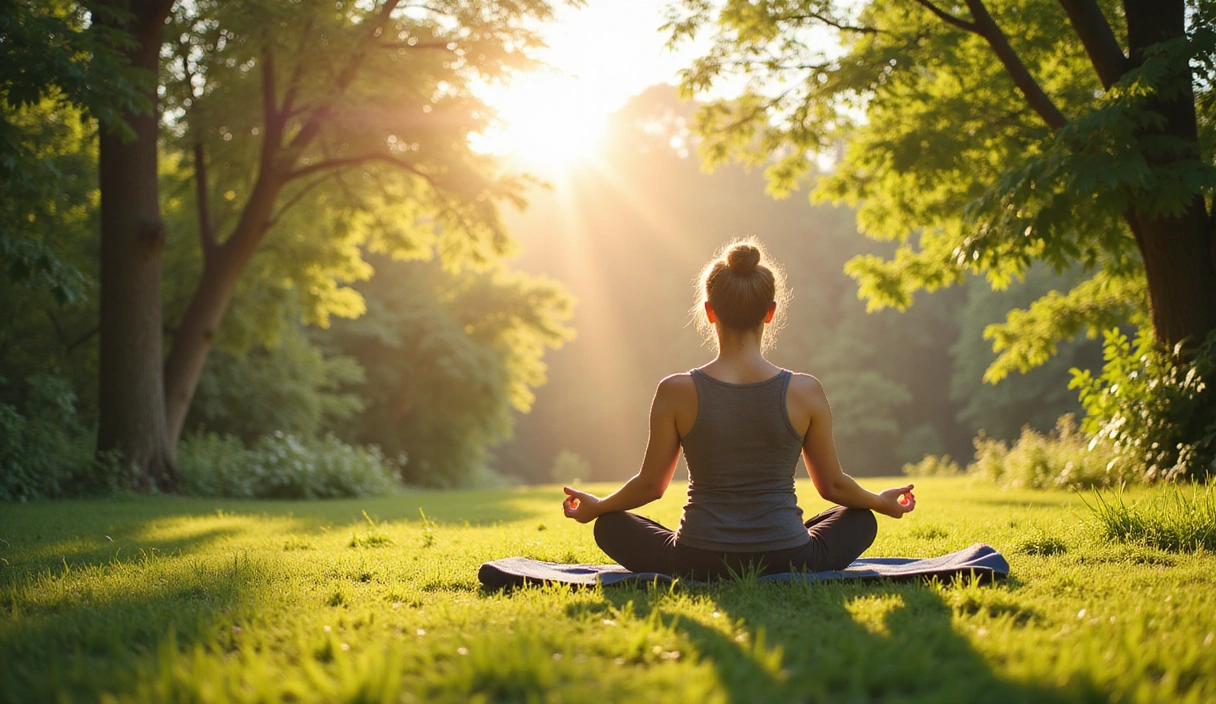 A vibrant scene depicting a person practicing yoga in a serene natural setting, surrounded by lush greenery and a bright, healthy atmosphere, symbolizing wellness and natural living.