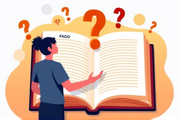 Illustration of a person reading a giant FAQ book with question marks