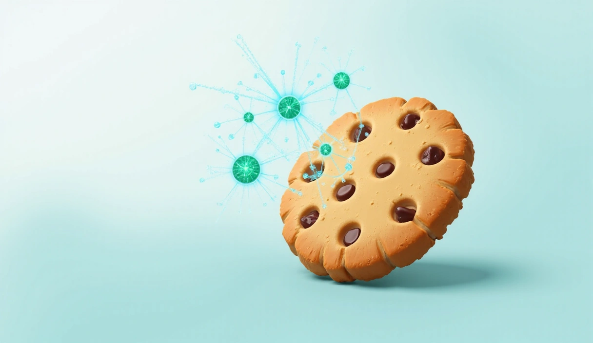 A detailed illustration of a cookie with small digital elements floating around it, representing data and privacy.