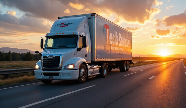 Delivery truck driving through a city