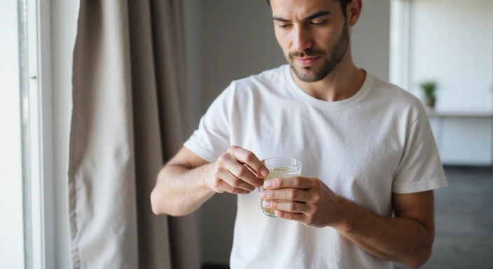 Man taking a supplement with a glass of water