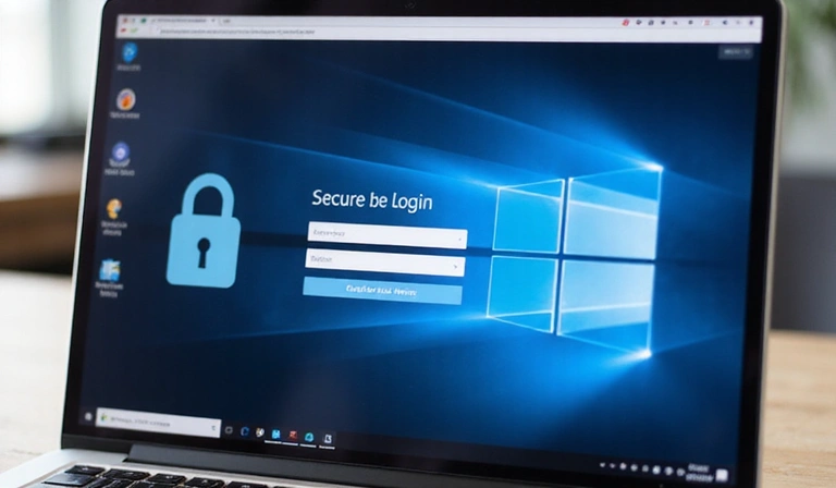 A secure login screen on a laptop, with a padlock icon and blurred background of a website interface, symbolizing account security.