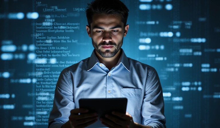 A person reading a legal document on a tablet with a serious expression, surrounded by abstract digital patterns representing data and agreements.